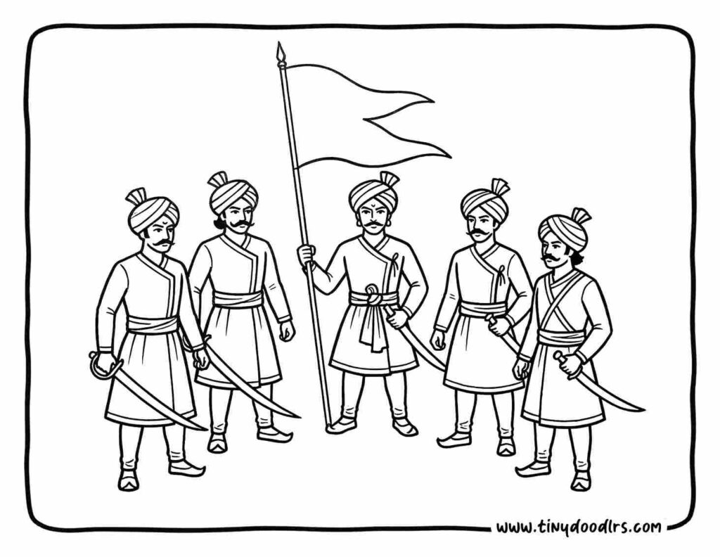 Chhatrapati Shivaji Maharaj drawing with loyal Mavalas supporting Swarajya, teamwork themed coloring page for kids