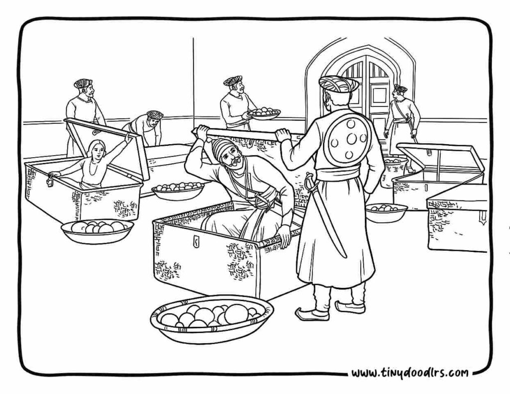 Chhatrapati Shivaji Maharaj drawing of Agra visit and the great escape in fruit baskets, creative Shiv Jayanti coloring page for kids