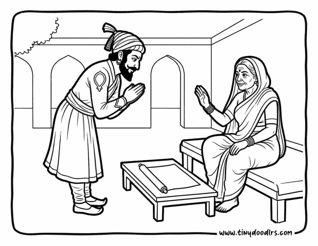 Chhatrapati Shivaji Maharaj drawing highlighting respect for women and compassion for the poor, value-based coloring page for kids
