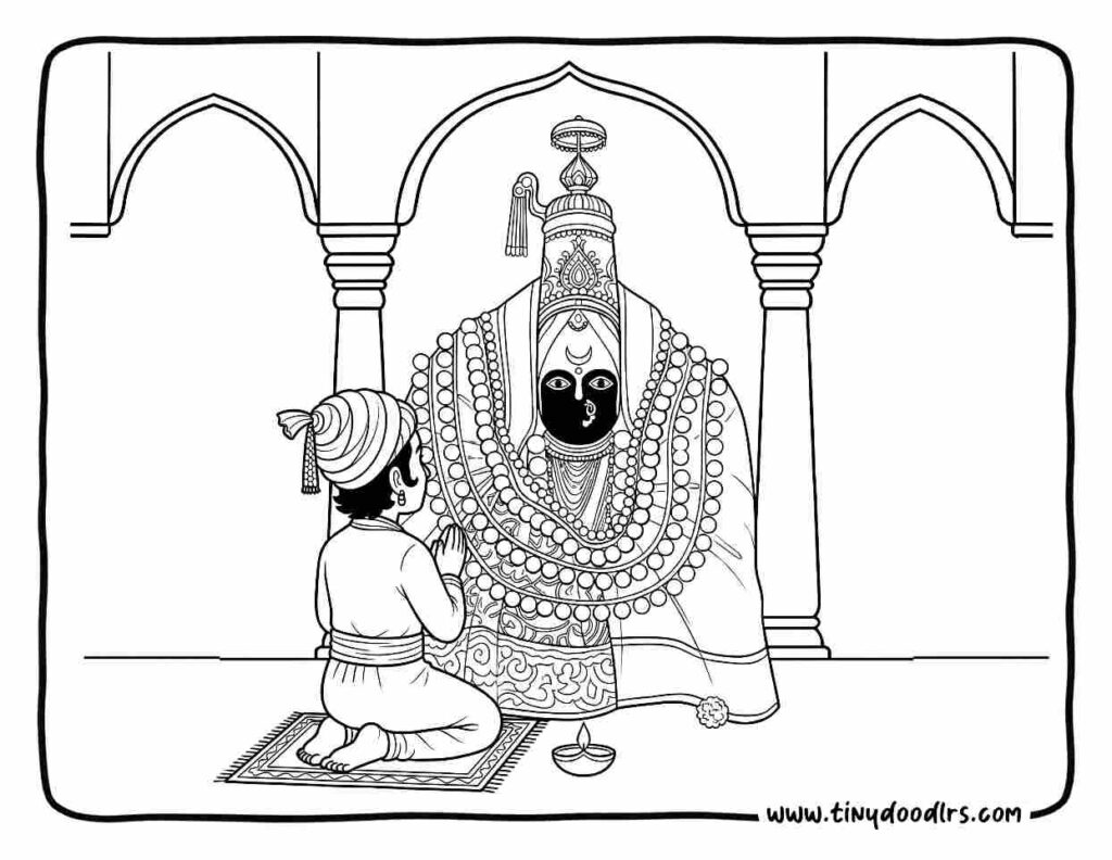 Chhatrapati Shivaji Maharaj drawing showing prayers to Tulja Bhavani Mata, spiritual Shiv Jayanti special coloring page for kids
