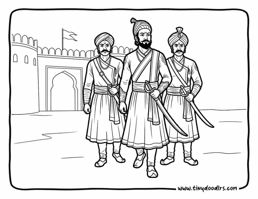 Chhatrapati Shivaji Maharaj drawing with loyal Mavalas supporting Swarajya, teamwork and bravery themed coloring page for kids