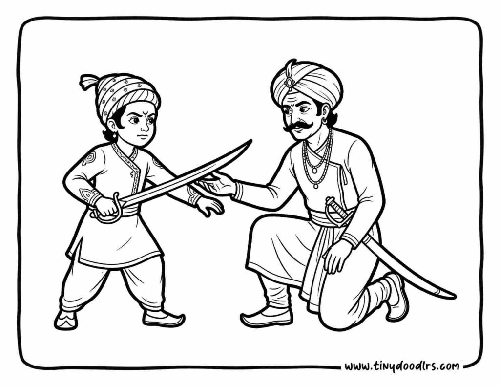 Chhatrapati Shivaji Maharaj drawing of early training under Dadoji Konddev, sword and horse practice coloring page for school kids