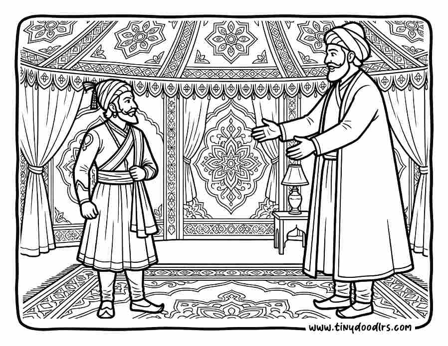 Chhatrapati Shivaji Maharaj drawing of the Afzal Khan episode at Pratapgad, courage and intelligence themed coloring page for kids