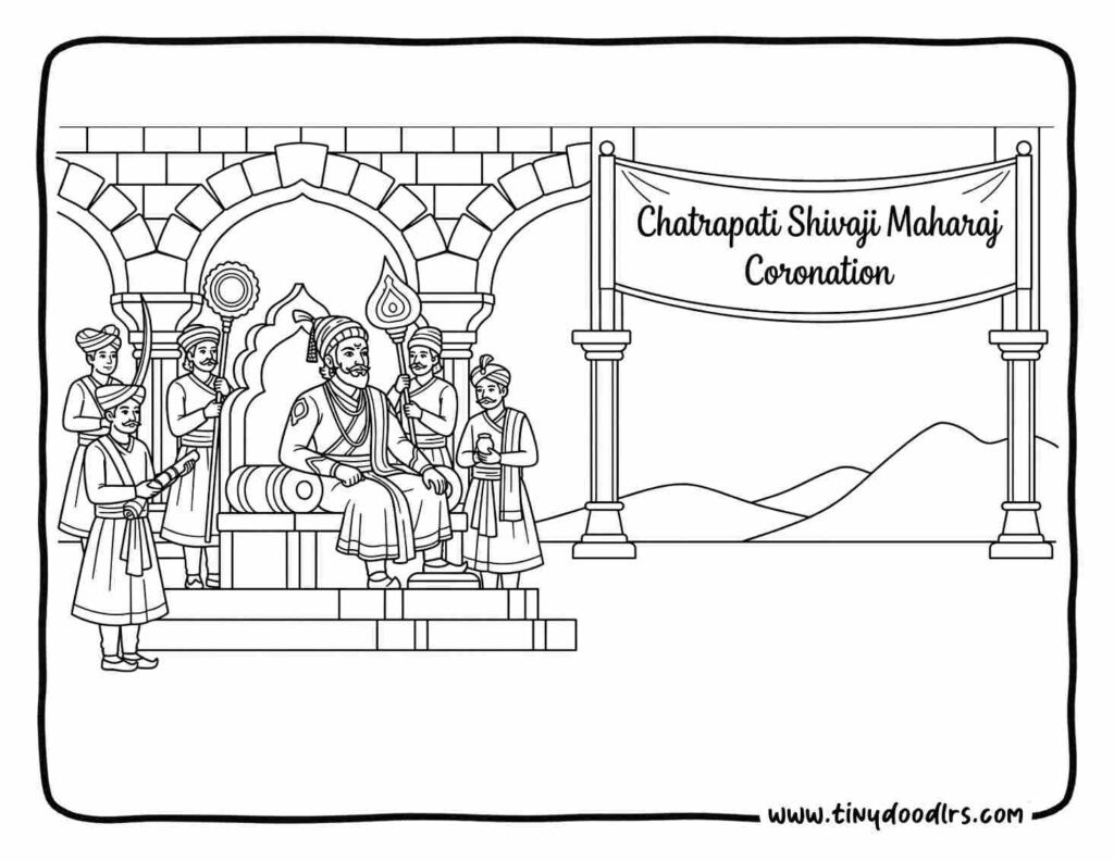 Chhatrapati Shivaji Maharaj drawing of coronation ceremony as Chatrapati in 1674, royal Shiv Jayanti special coloring page