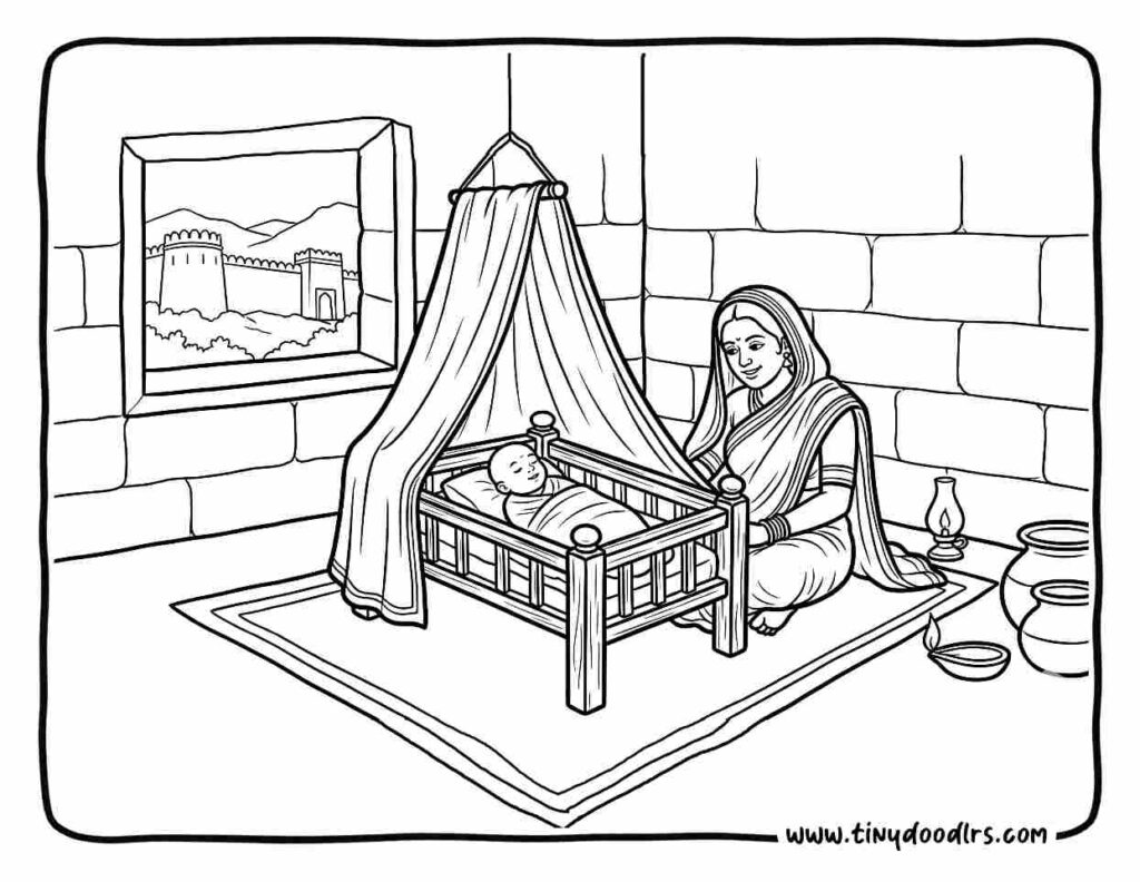 Chhatrapati Shivaji Maharaj drawing showing his birth at Shivneri Fort, simple and educational coloring page for kids learning Indian history