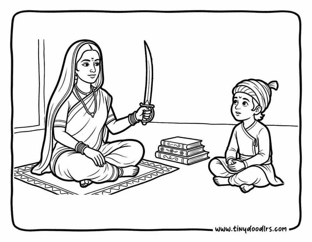 Chhatrapati Shivaji Maharaj drawing with Jijamata teaching values and courage