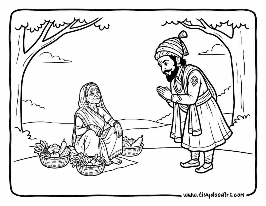 Chhatrapati Shivaji Maharaj drawing highlighting respect for women, value-based coloring page for kids