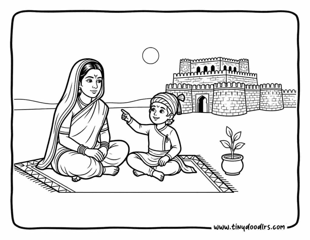 Chhatrapati Shivaji Maharaj drawing showing early childhood at Shivneri Fort, 
