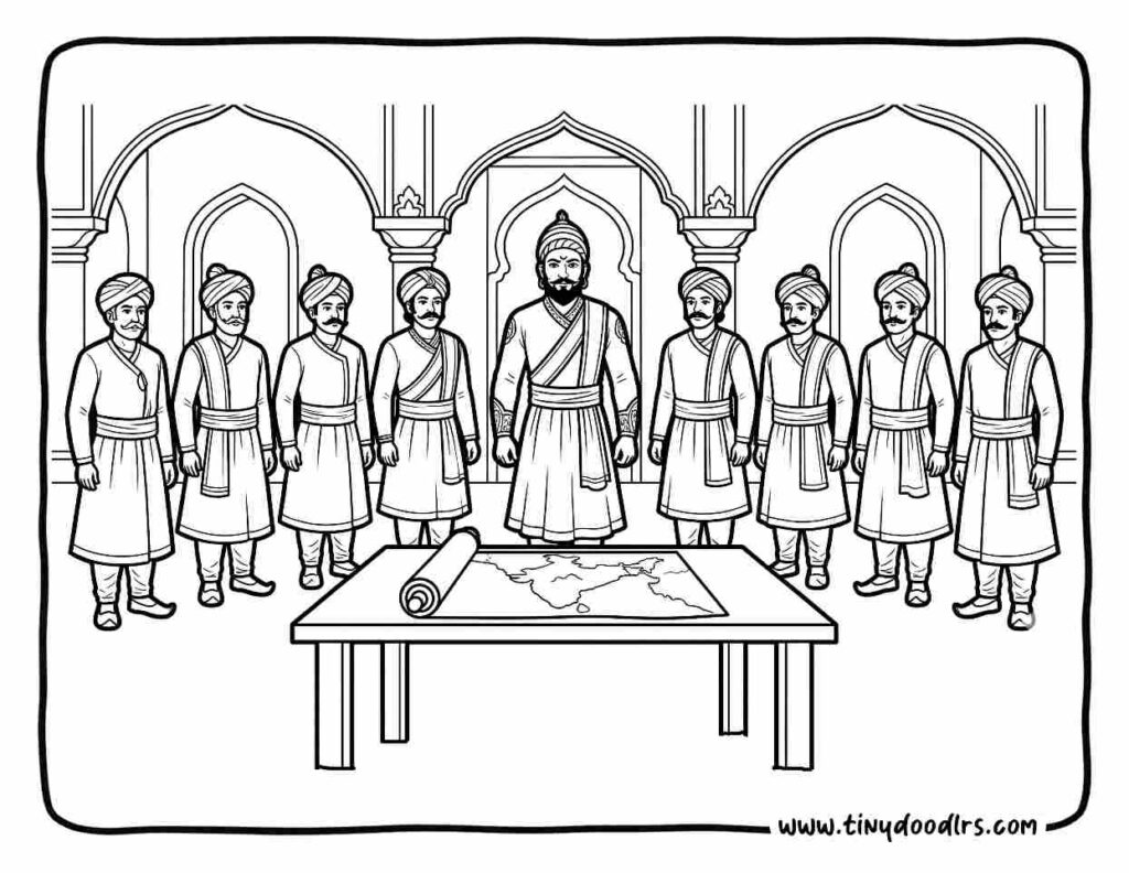 Chhatrapati Shivaji Maharaj drawing of the Ashtapradhan Mandal court, leadership and governance themed coloring page