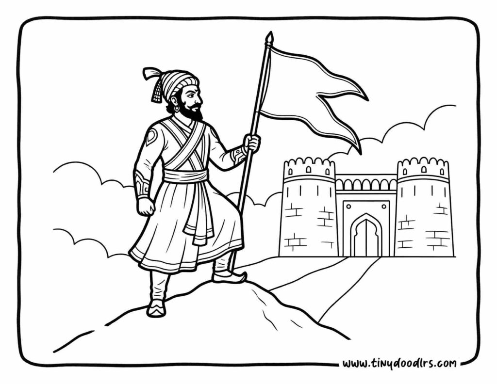 Chhatrapati Shivaji Maharaj drawing representing the dream of Swarajya, inspirational and easy Shiv Jayanti coloring page for kids
