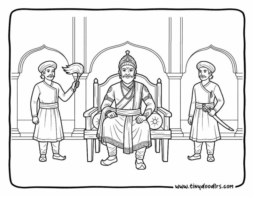 Chhatrapati Shivaji Maharaj drawing of coronation ceremony as Chatrapati in 1674, royal Shiv Jayanti coloring page for kids