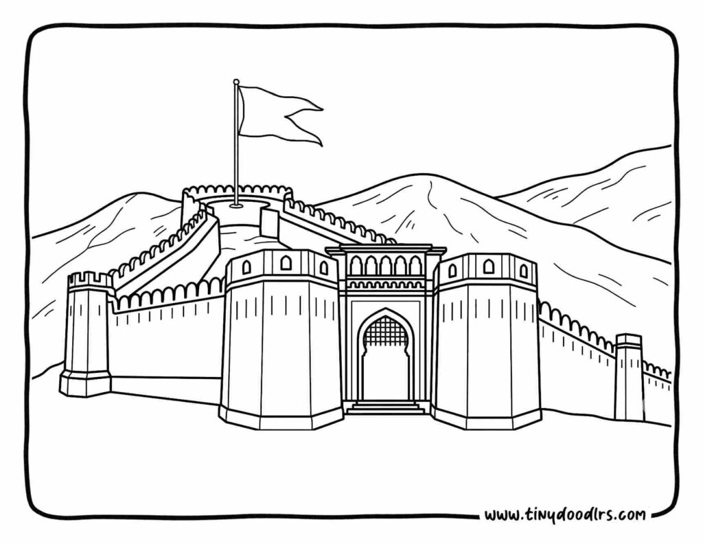 Chhatrapati Shivaji Maharaj drawing featuring famous forts like Raigad and Pratapgad, easy fort coloring pages for kids