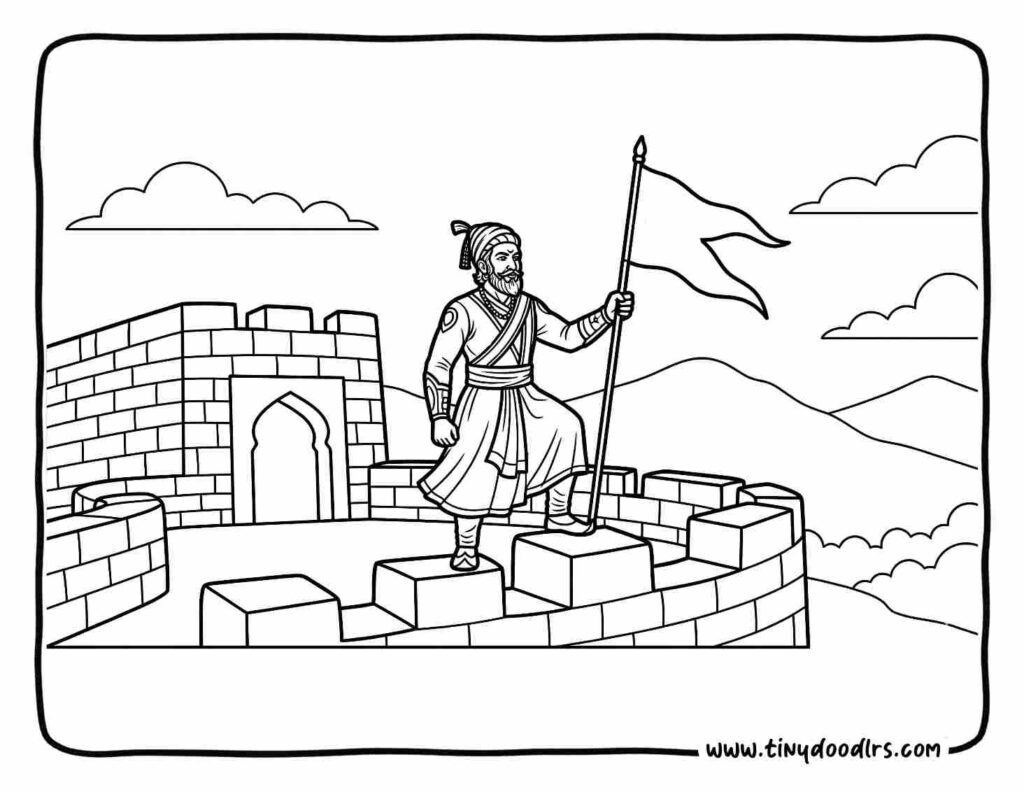 Chhatrapati Shivaji Maharaj drawing representing his timeless legacy and leadership, inspirational coloring page for children