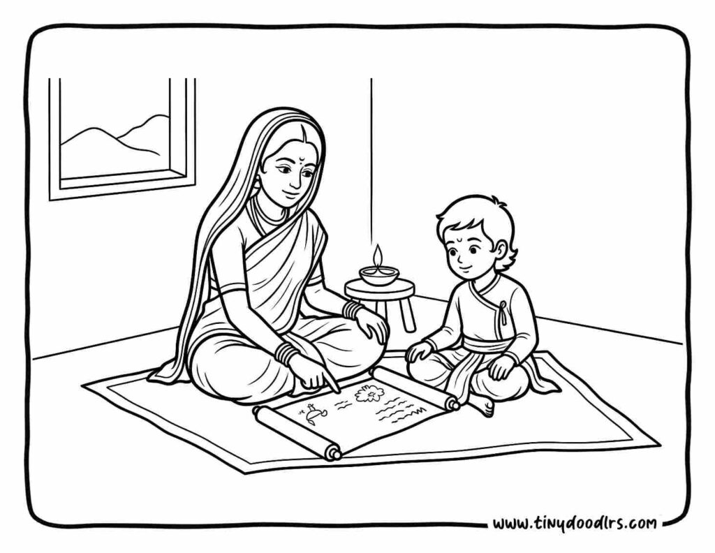 Chhatrapati Shivaji Maharaj drawing showing his early childhood at Shivneri Fort, simple and educational coloring page 