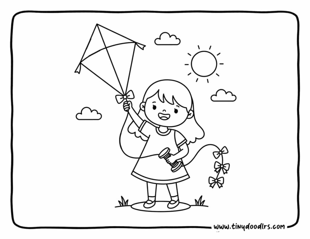 makar sankranti drawing of a child holding kite spool charkhi with a smiling sun above