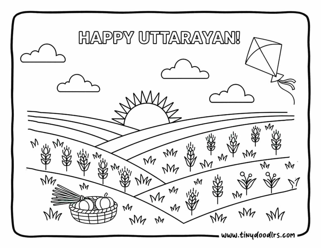 makar sankranti drawing of a big kite flying high in the sky during Uttarayan festival