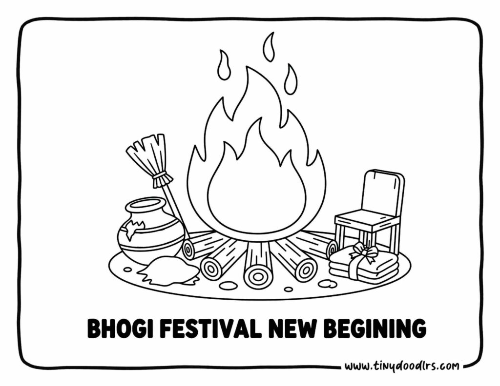 makar sankranti drawing of simple Bhogi bonfire scene designed for kids coloring page