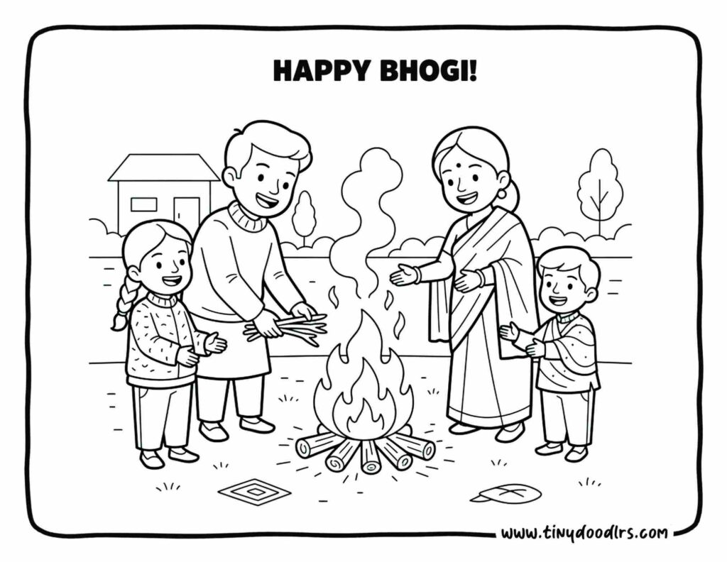 makar sankranti drawing of Bhogi bonfire scene early morning with family warmth