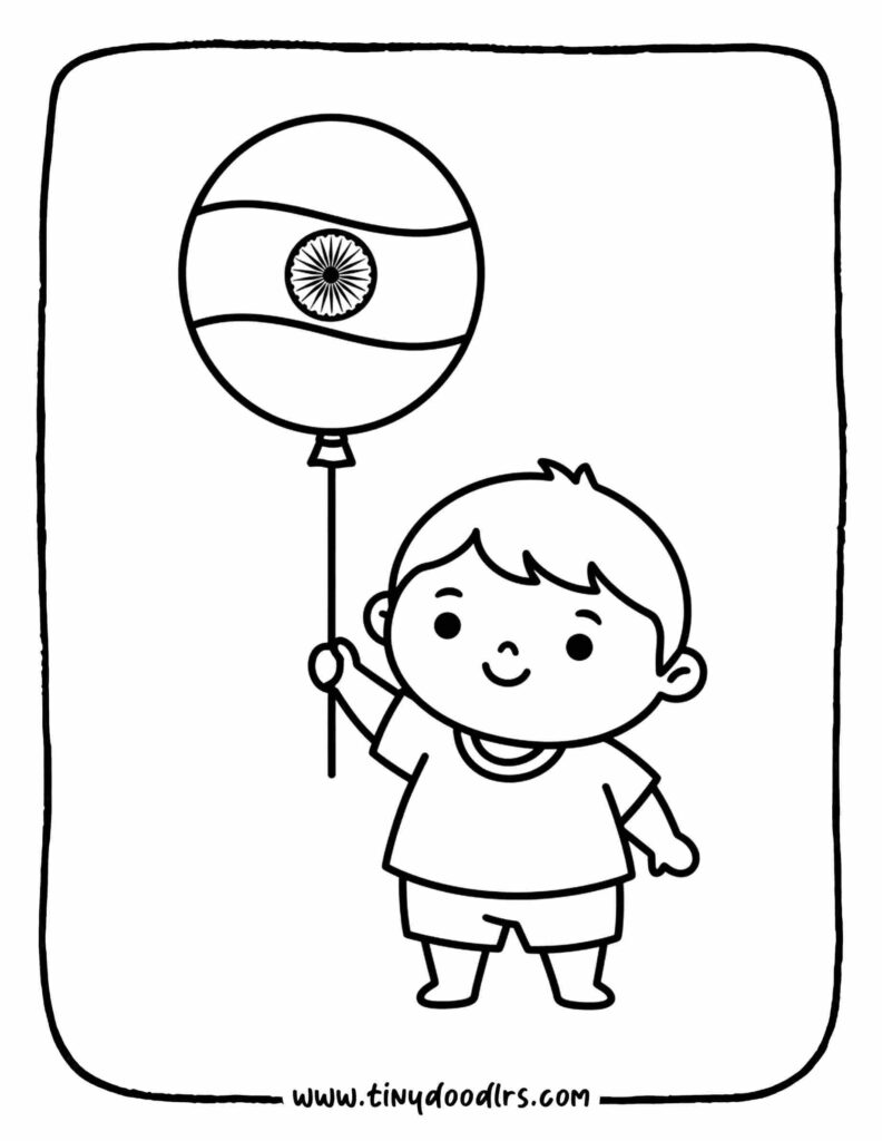 Easy India Republic Day drawing for kids showing little child holding Indian flag balloon happily