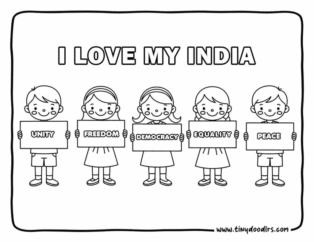 india republic day drawing of kids holding Indian constitution values board showing unity equality freedom