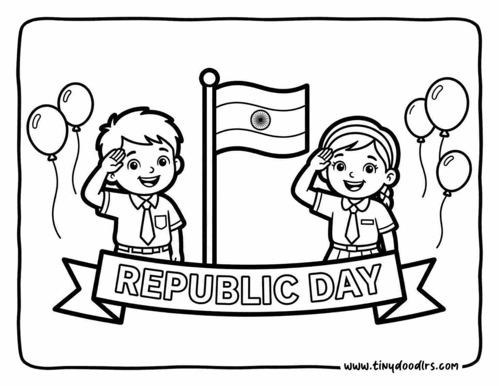 india republic day drawing of school kids saluting the Indian national flag together
