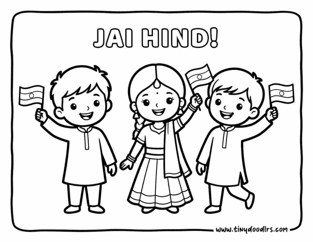 india republic day drawing of kids from different cultures standing together with one Indian flag