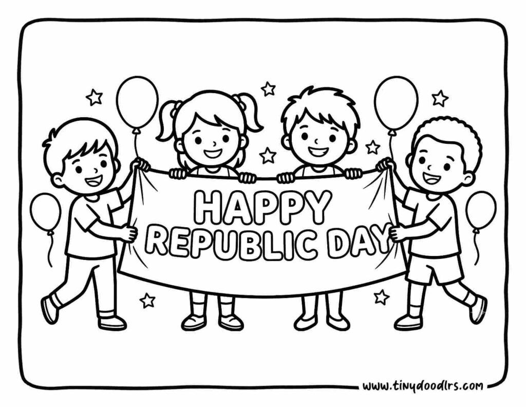 india republic day drawing of kids holding Happy Republic Day banner with smiles