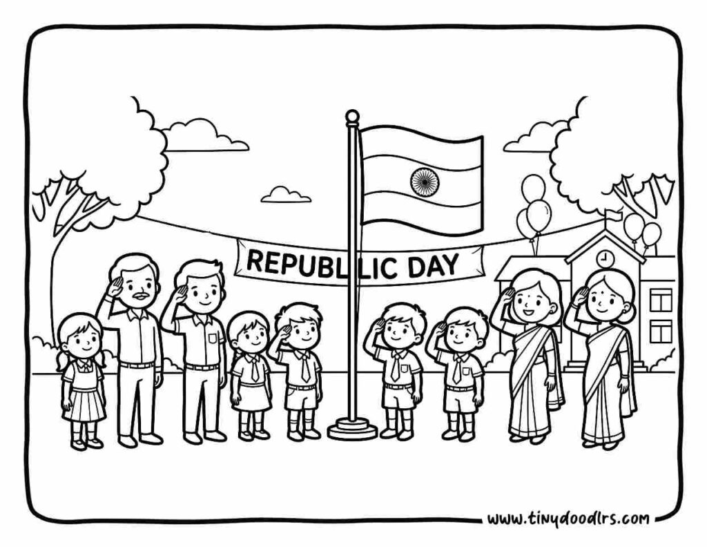 india republic day drawing of kids saluting the national flag during school assembly