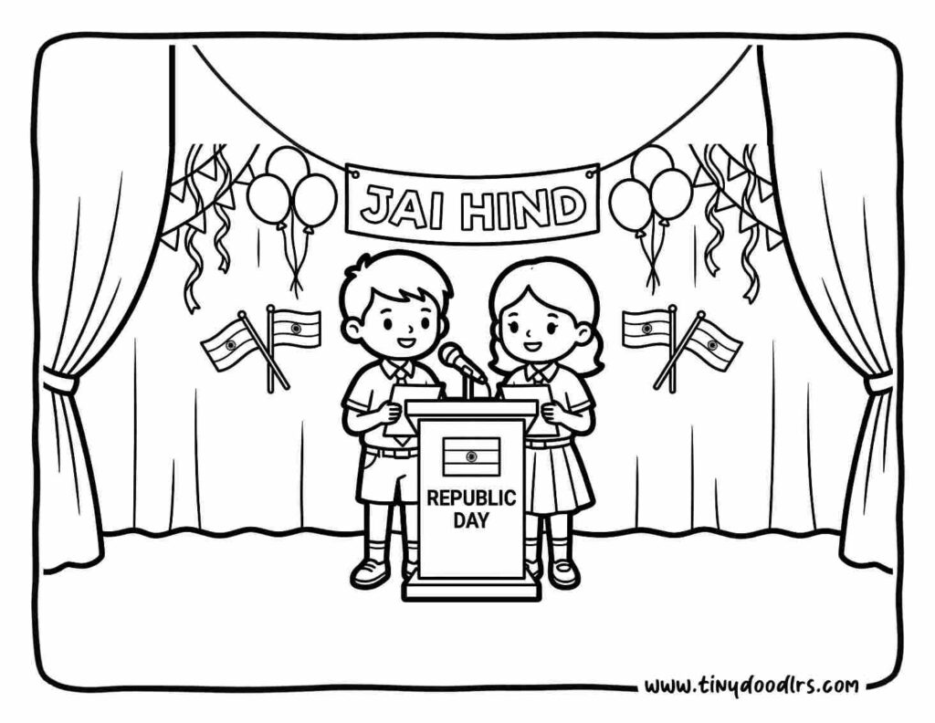 india republic day drawing of a student giving Republic Day speech on school stage