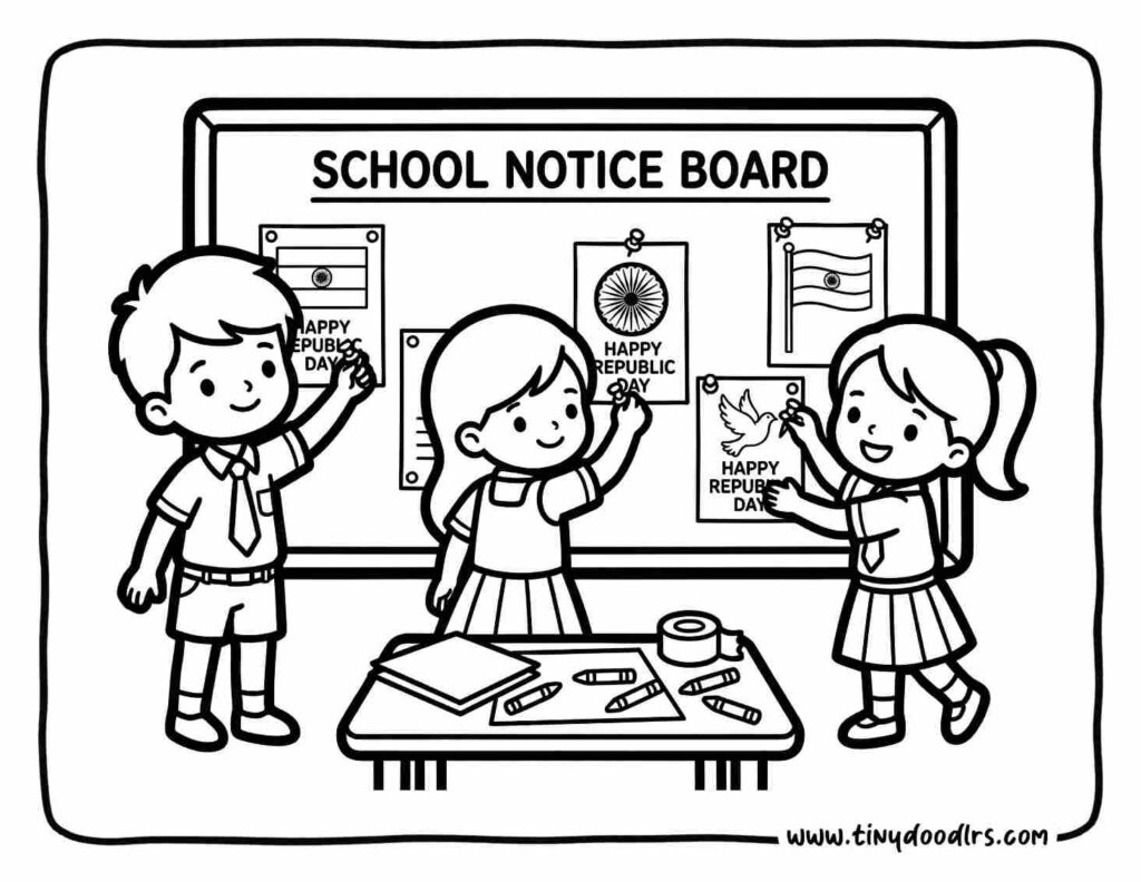 india republic day drawing of a child coloring the Indian national flag on paper in classroom activity