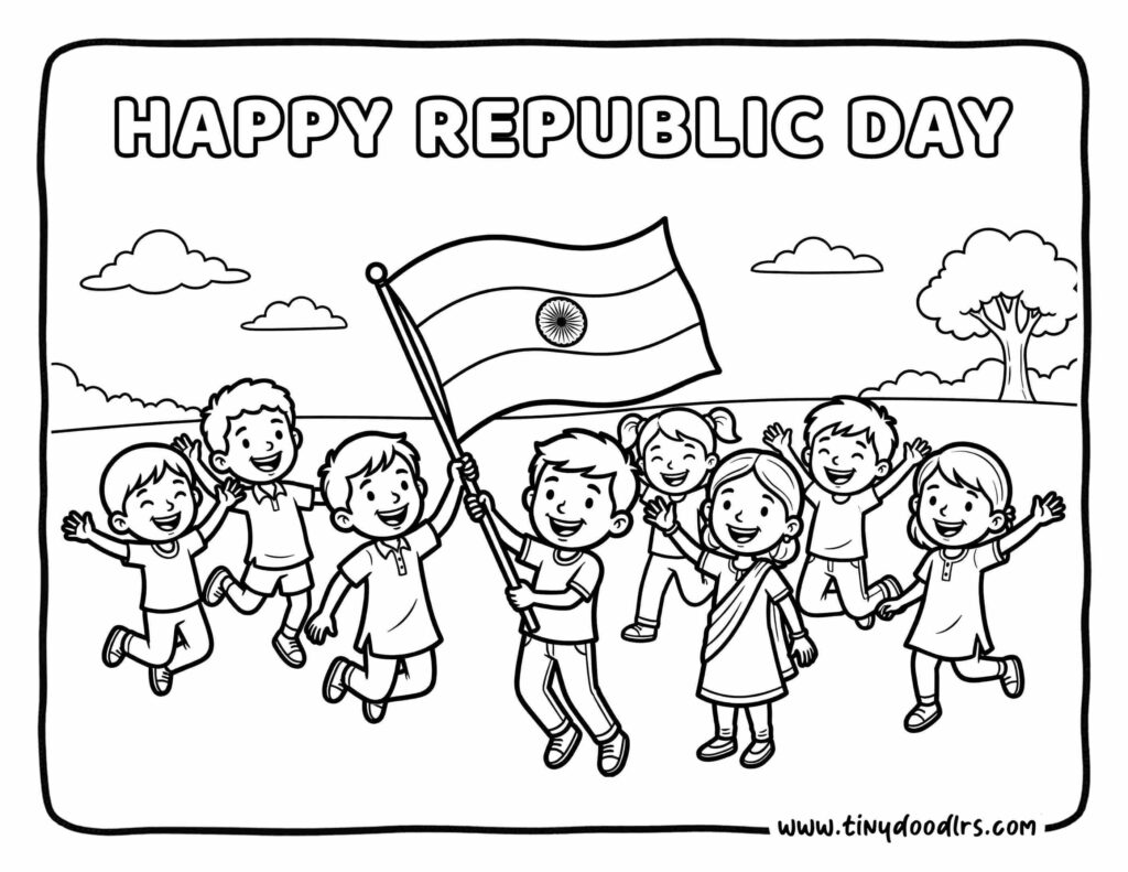 india republic day drawing of group of boys and girls waving a large Indian flag