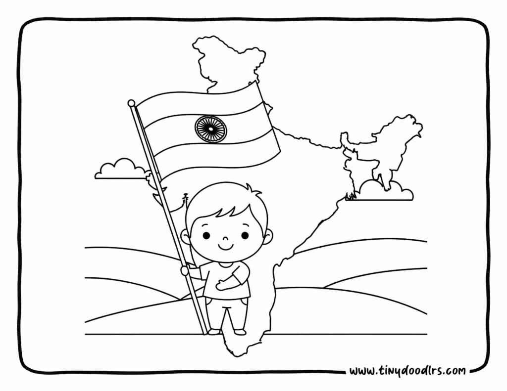 india republic day drawing of child holding Indian flag with India map outline in background