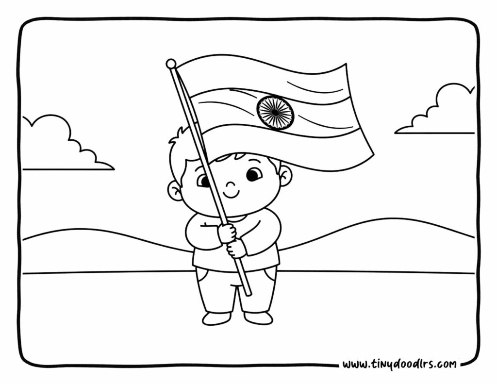 india republic day drawing for kids of little smiling child holding Indian flag with both hands