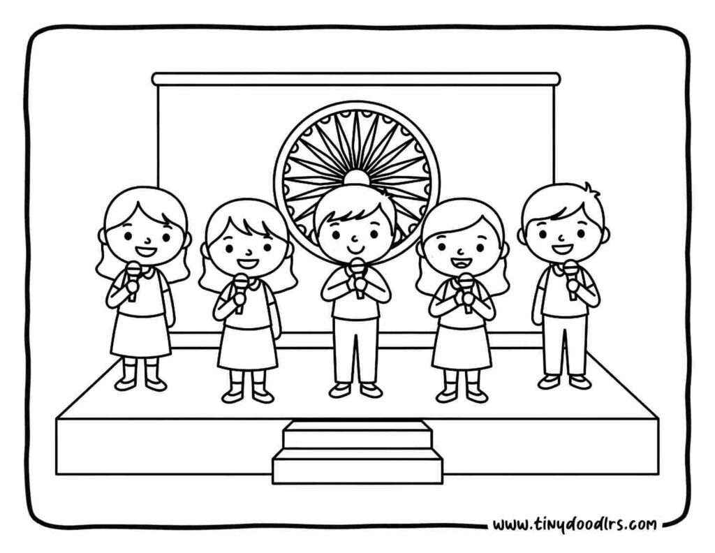india republic day drawing showing cute school kids singing the national anthem during Republic Day celebration