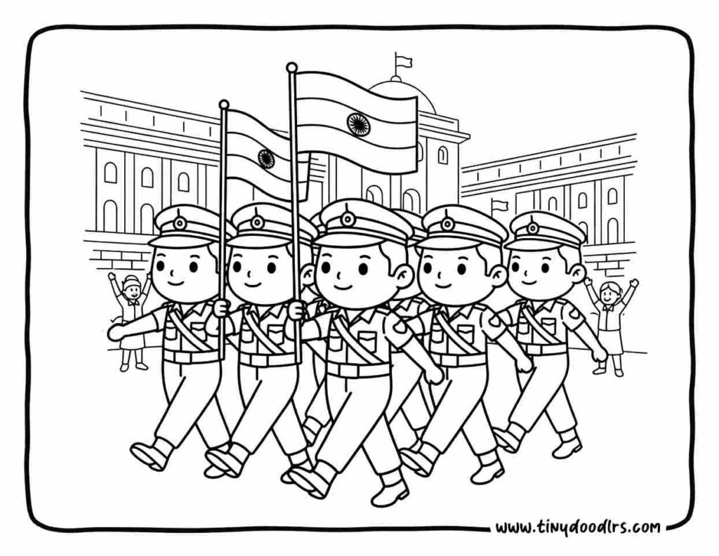 india republic day drawing of India Gate parade with soldiers standing proudly